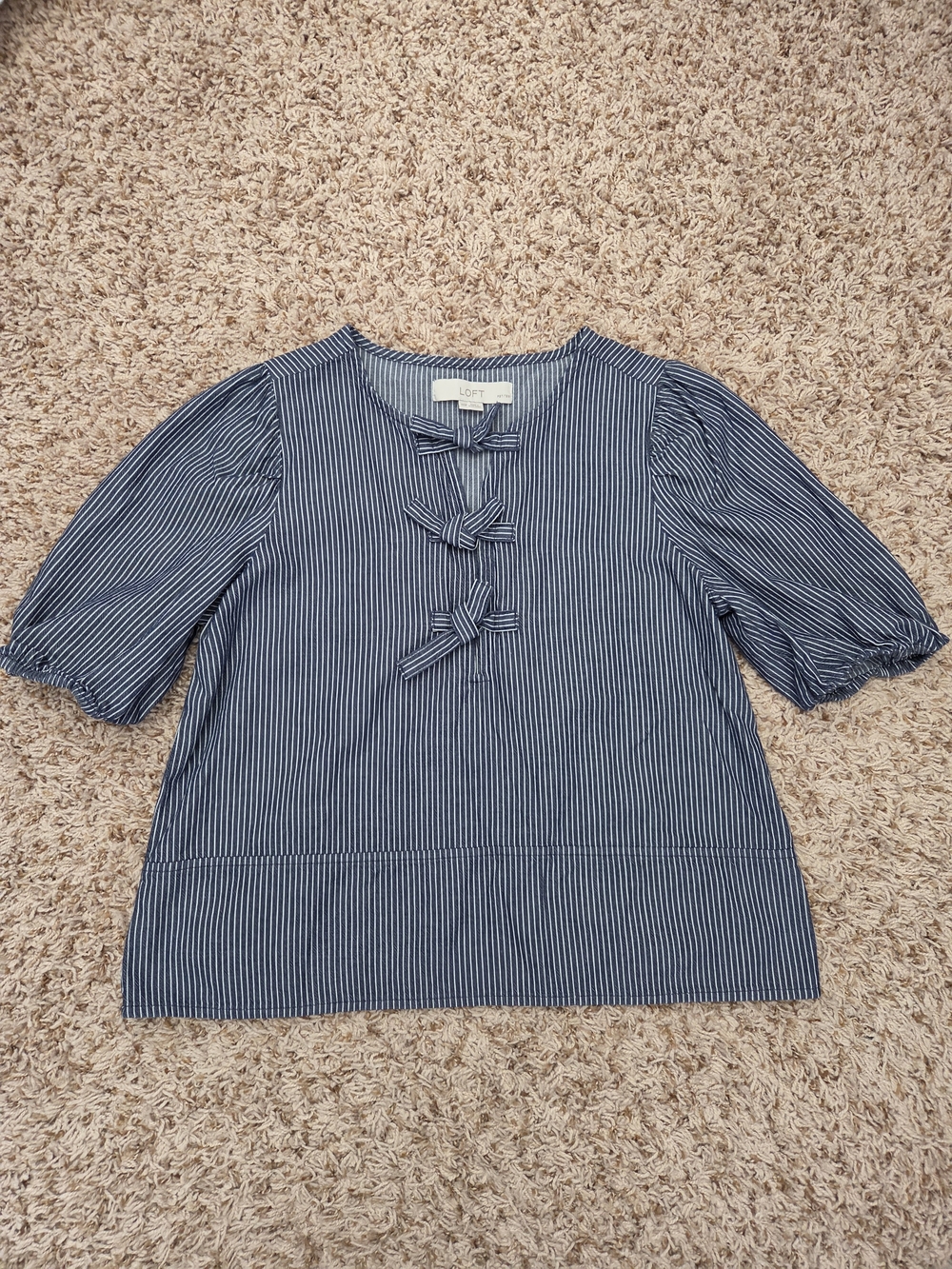 LOFT Blue Stripe Bow-Front Puff Sleeve Top